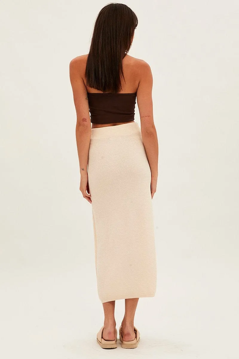 Beige Midi Skirt Knit Front Split