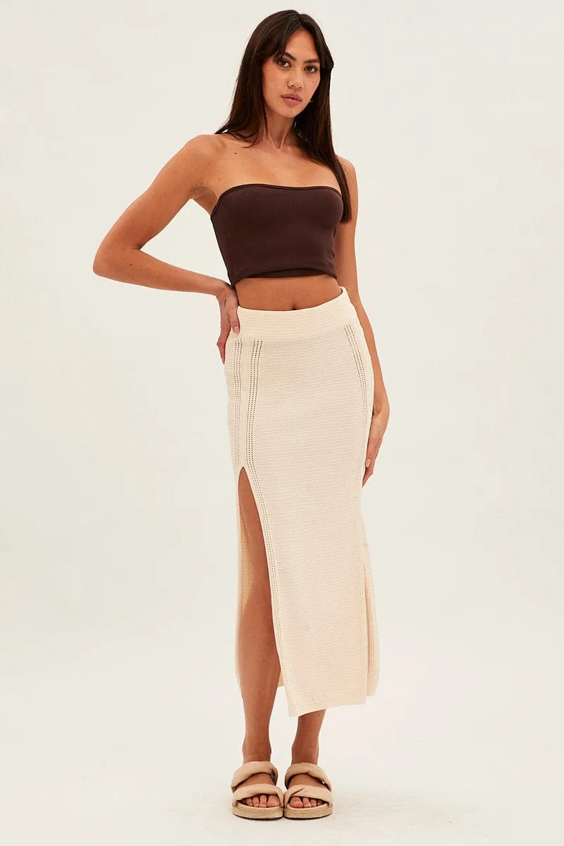 Beige Midi Skirt Knit Front Split