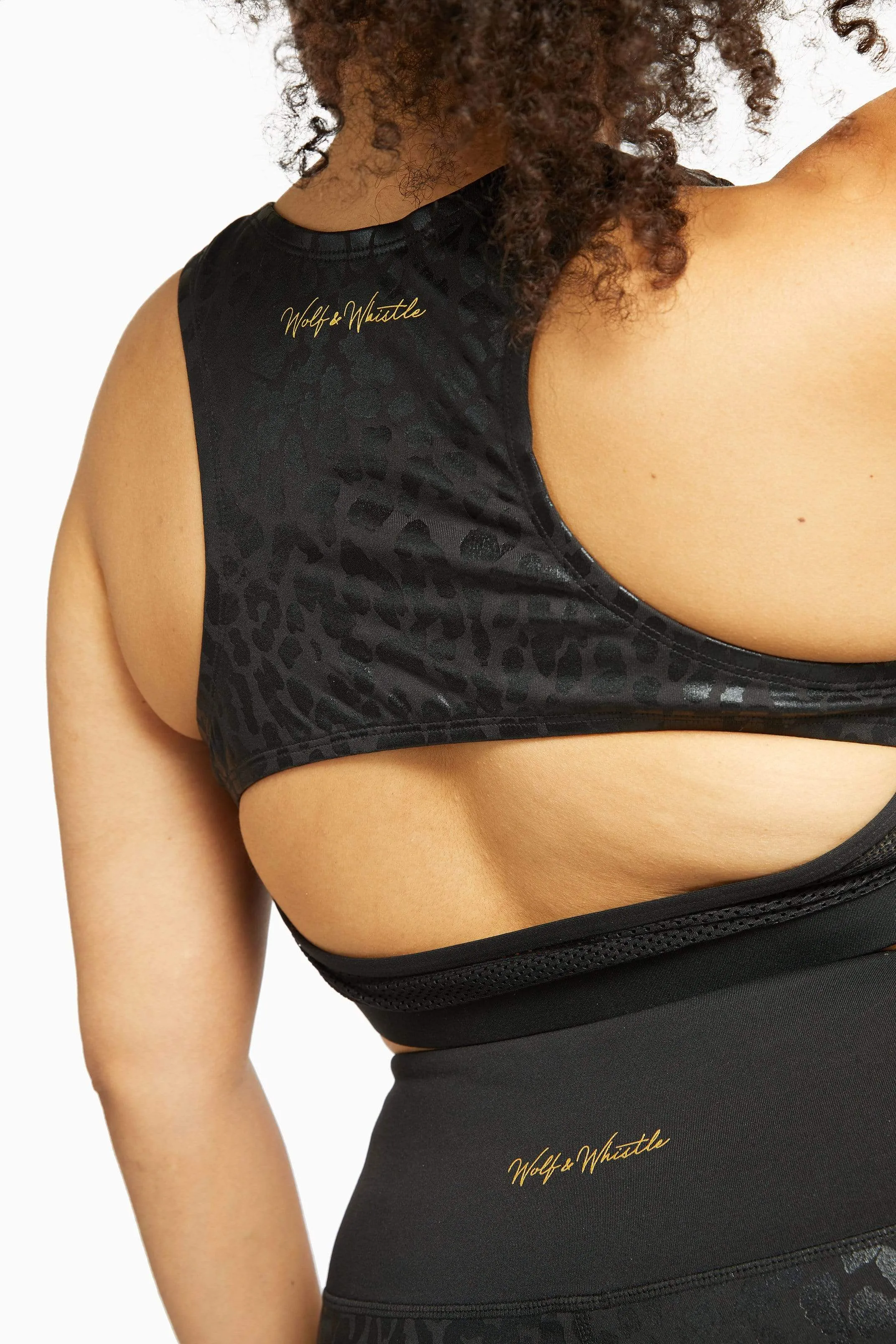 Black Wet Leopard Look Black Sports Bra Curve