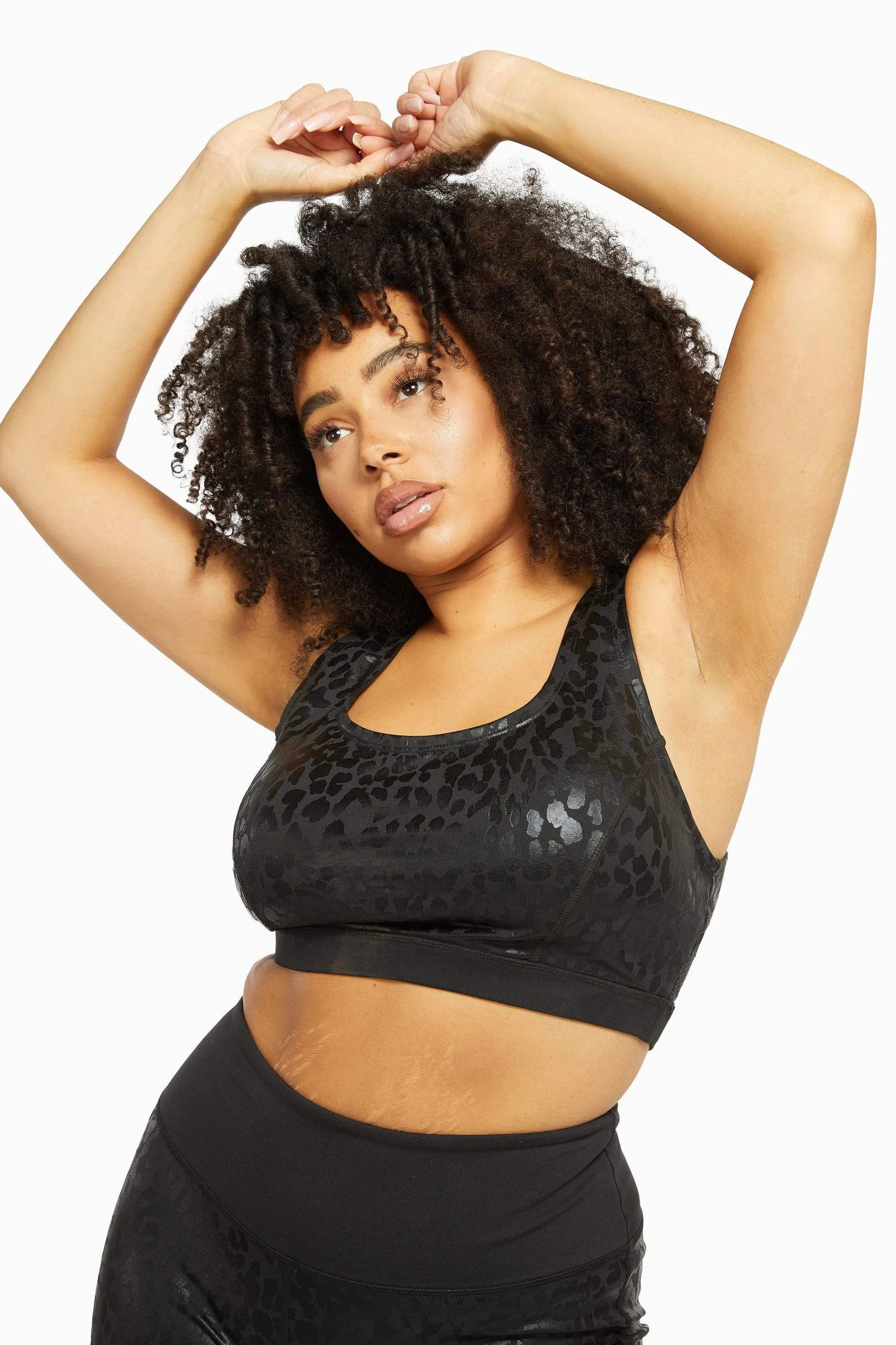 Black Wet Leopard Look Black Sports Bra Curve