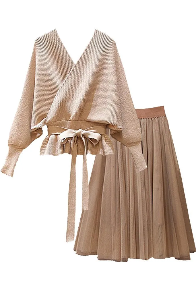 Caroline Beige/Ivory Batwing Sweater Top and Mesh Skirt Set