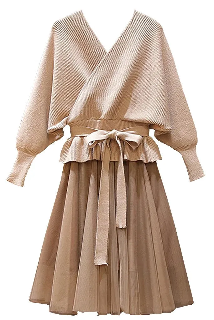 Caroline Beige/Ivory Batwing Sweater Top and Mesh Skirt Set