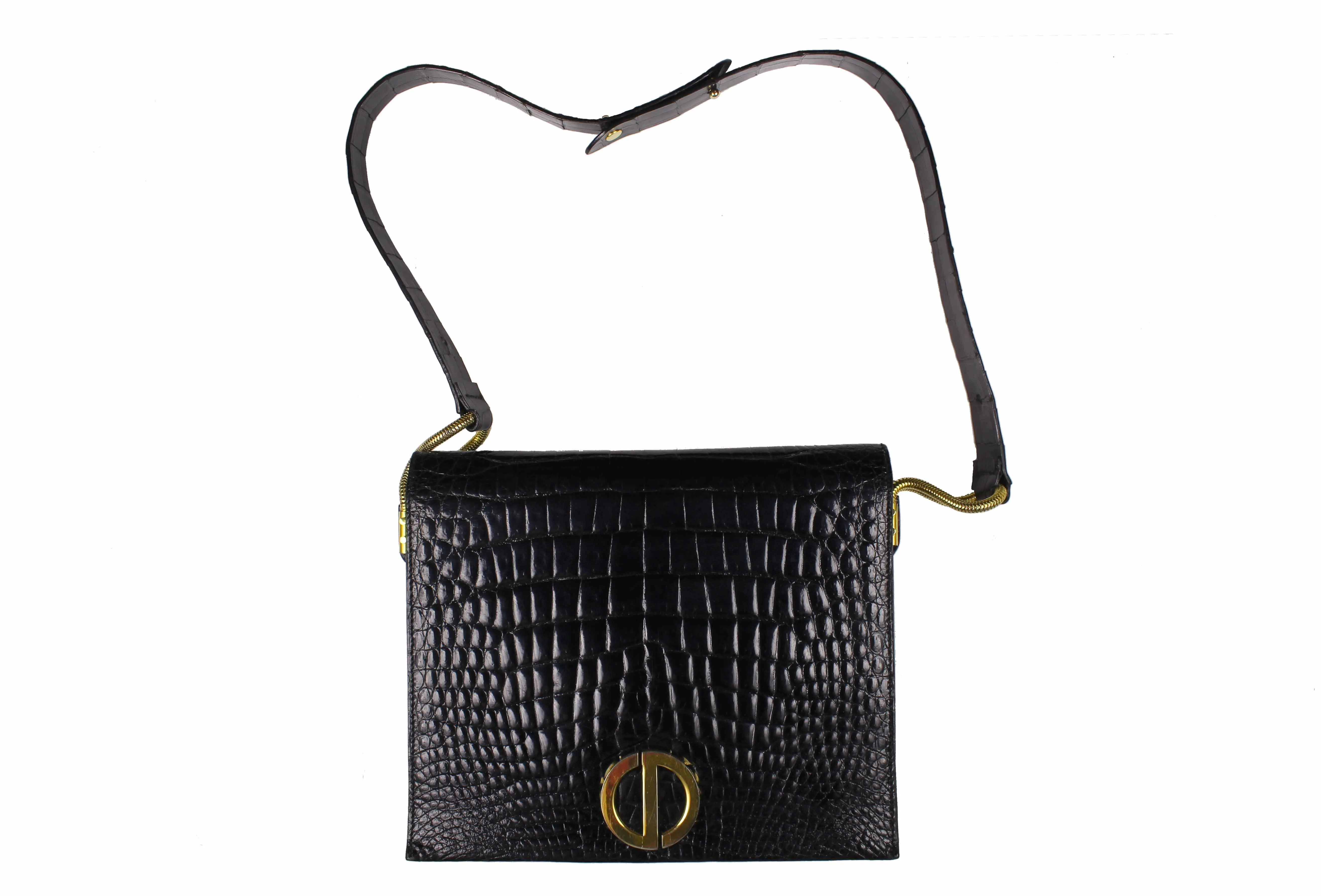 CHRISTIAN DIOR black crocodile skin shoulder bag