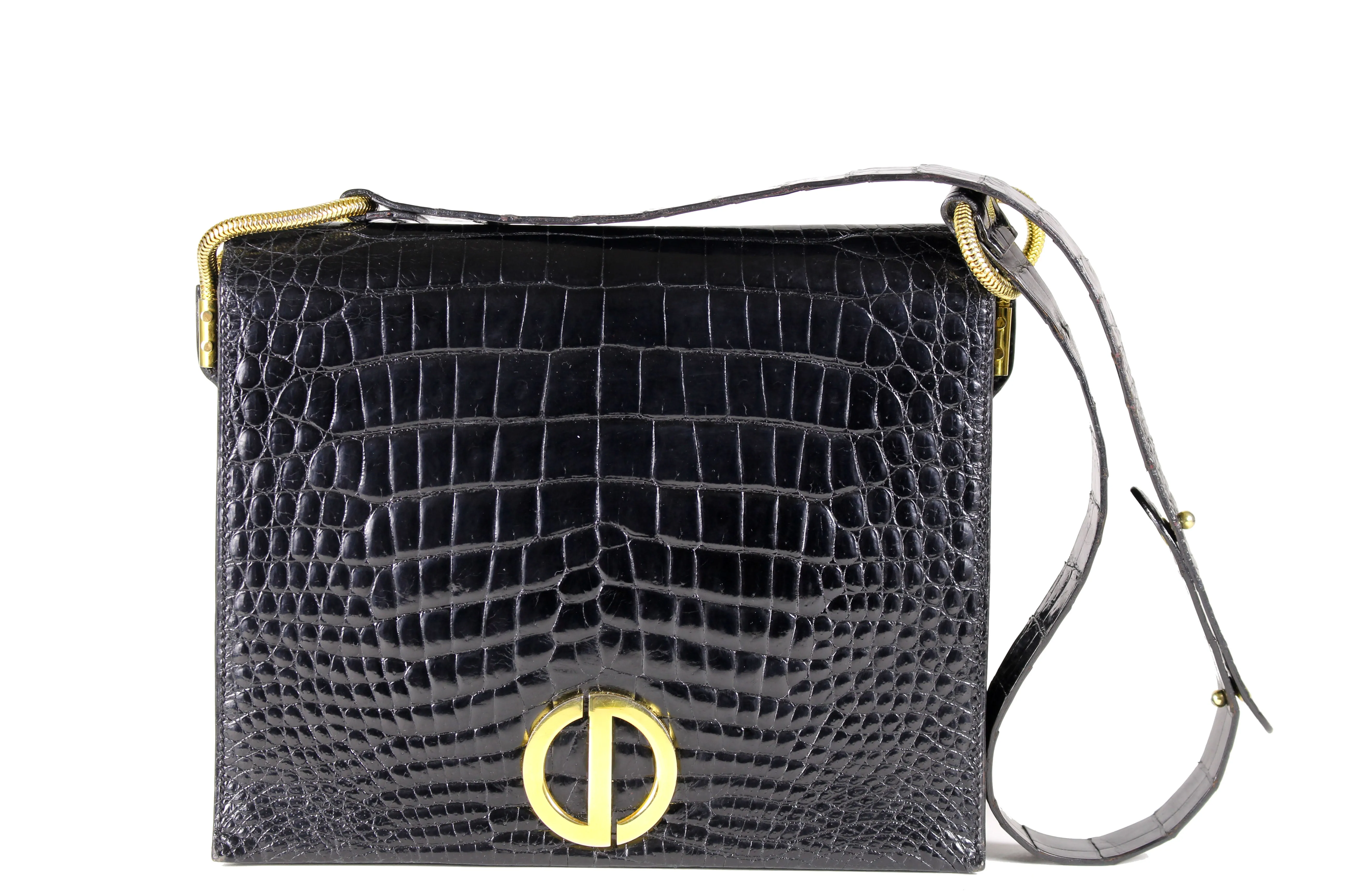 CHRISTIAN DIOR black crocodile skin shoulder bag