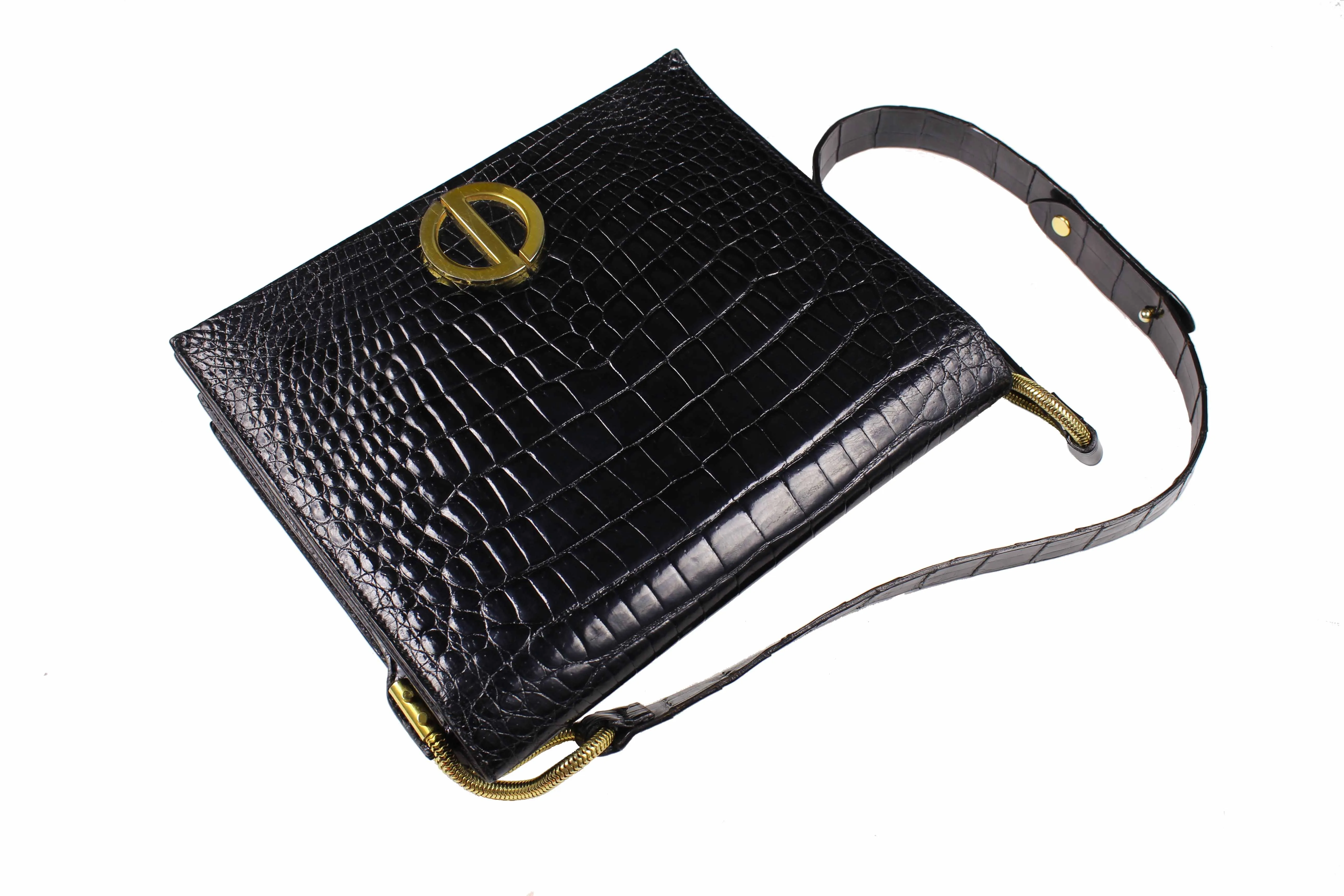 CHRISTIAN DIOR black crocodile skin shoulder bag