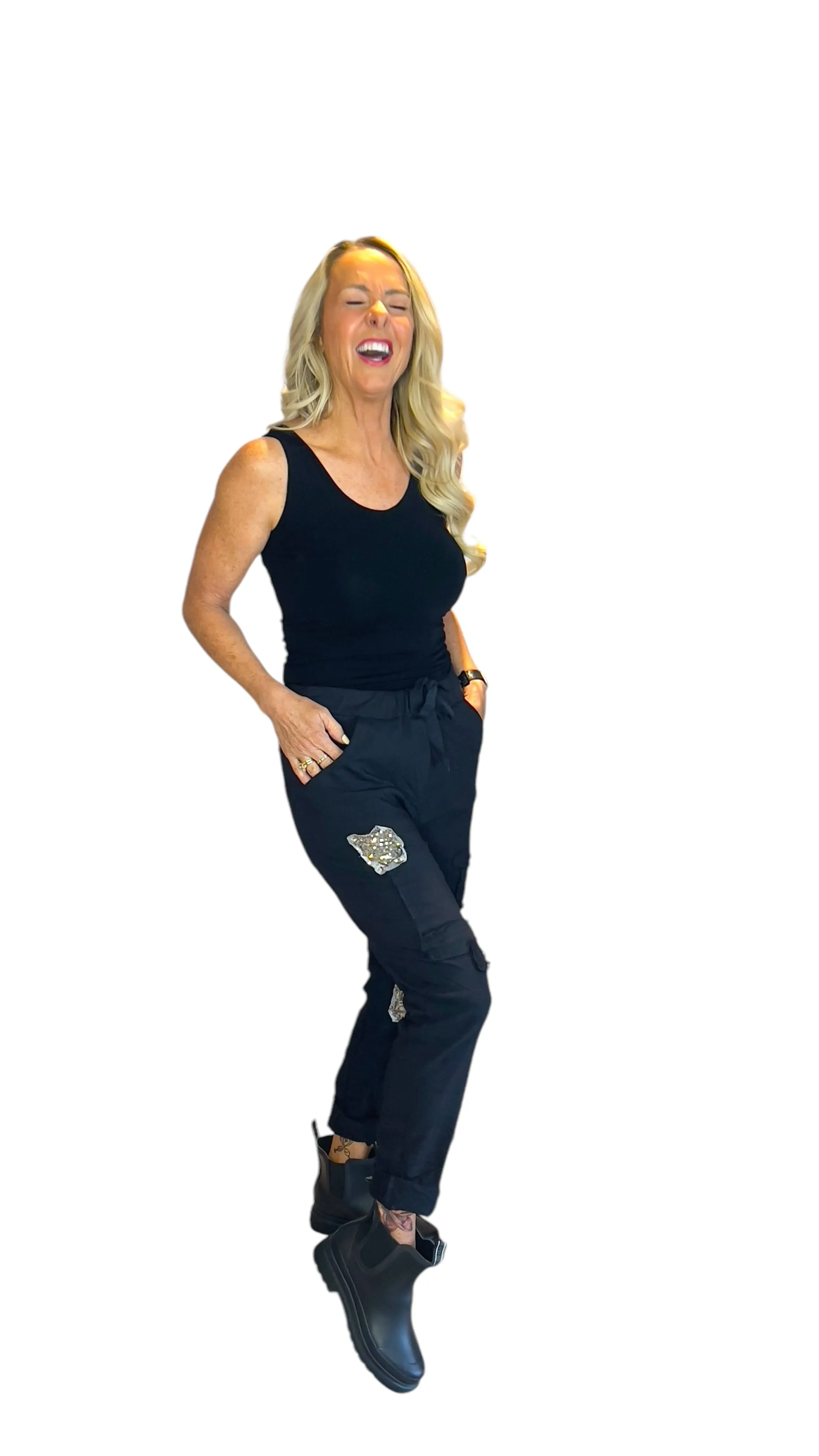 CRINKLE BLACK DRAWSTRING SEQUIN PATCH PANT