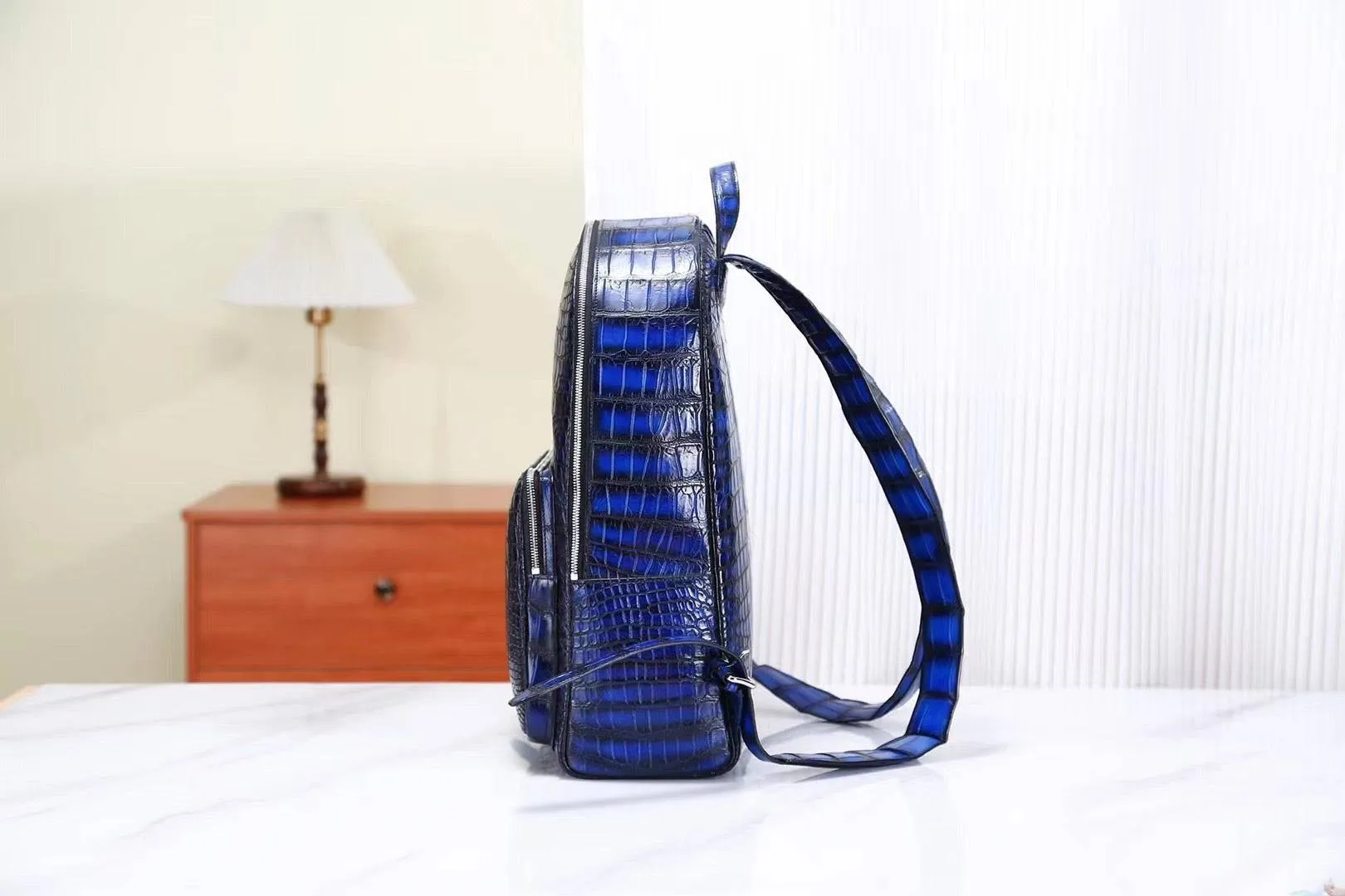 Crocodile Leather Backpack Vintage Blue