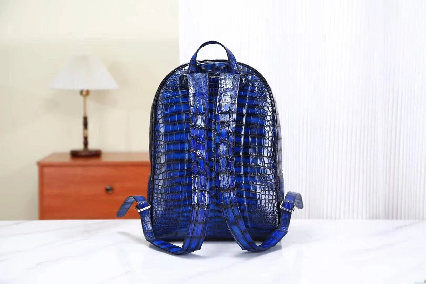 Crocodile Leather Backpack Vintage Blue