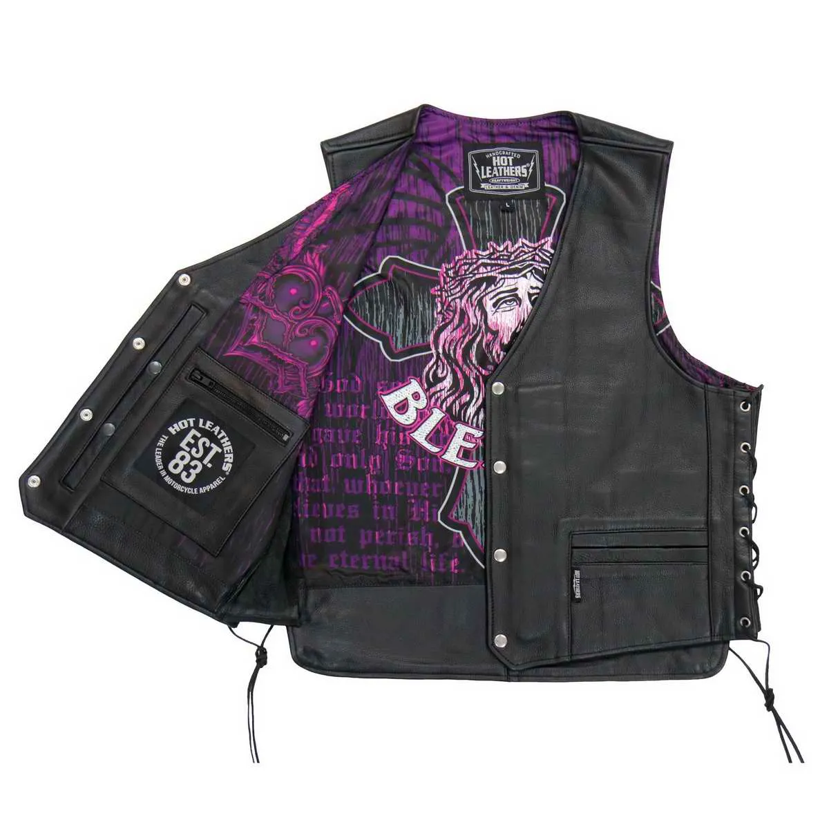 Hot Leathers VSM1063 Men's Black 'Blessed' Conceal and Carry Side Lace Leather Vest