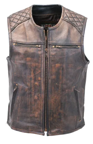 Men's Vintage Brown Quilt Leather Concealed Pocket Vest #VMA6714QGN ()