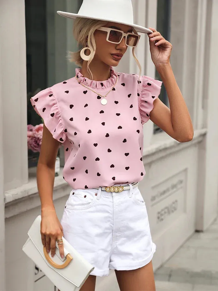 Pink Summer 2024 Ruffle Short Sleeve Blouse