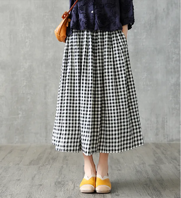 Plaid Casual Cotton linen loose fitting Women's Skirts  DZA2005263