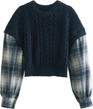 Plaid Patchwork Knit Pullover