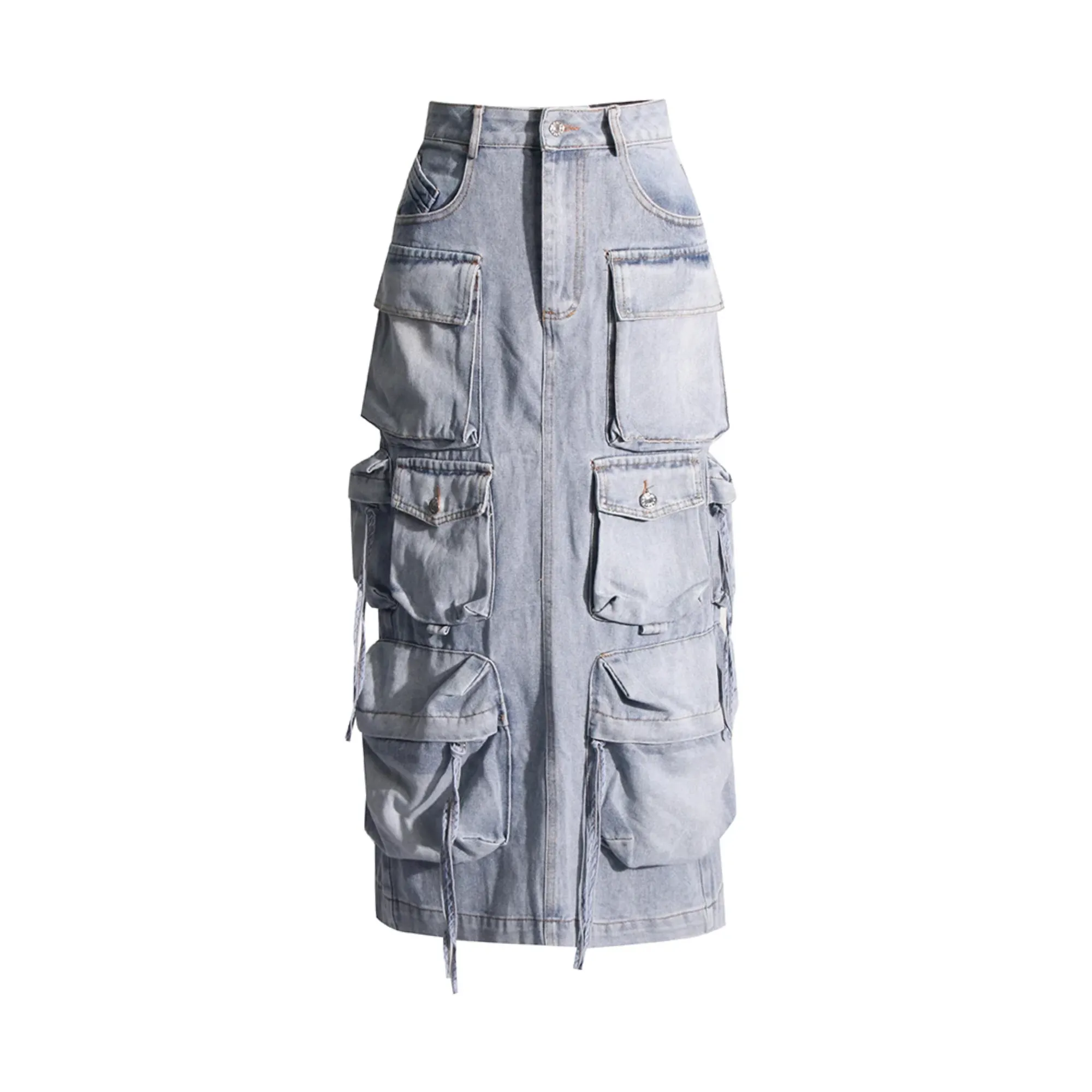 Pre Order:  Denim Patchwork Pockets Back-Slit Skirt