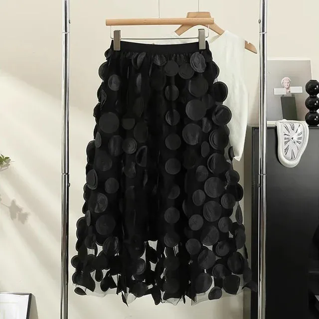 Pre Order:  High-Waist Polka Dots A-Line Mesh Midi Skirt