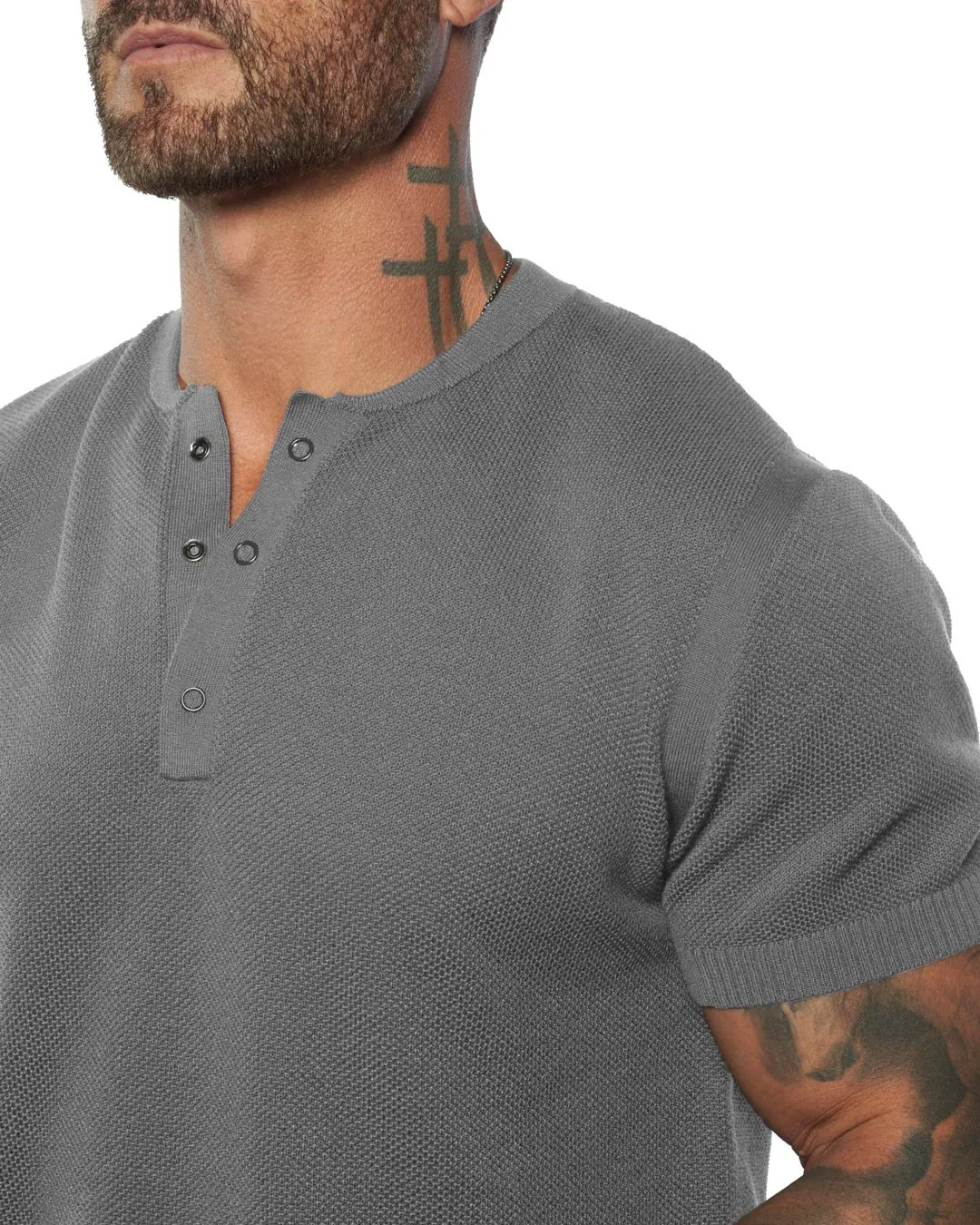 SS Mandarin Collar Knit Henley [FITTED]