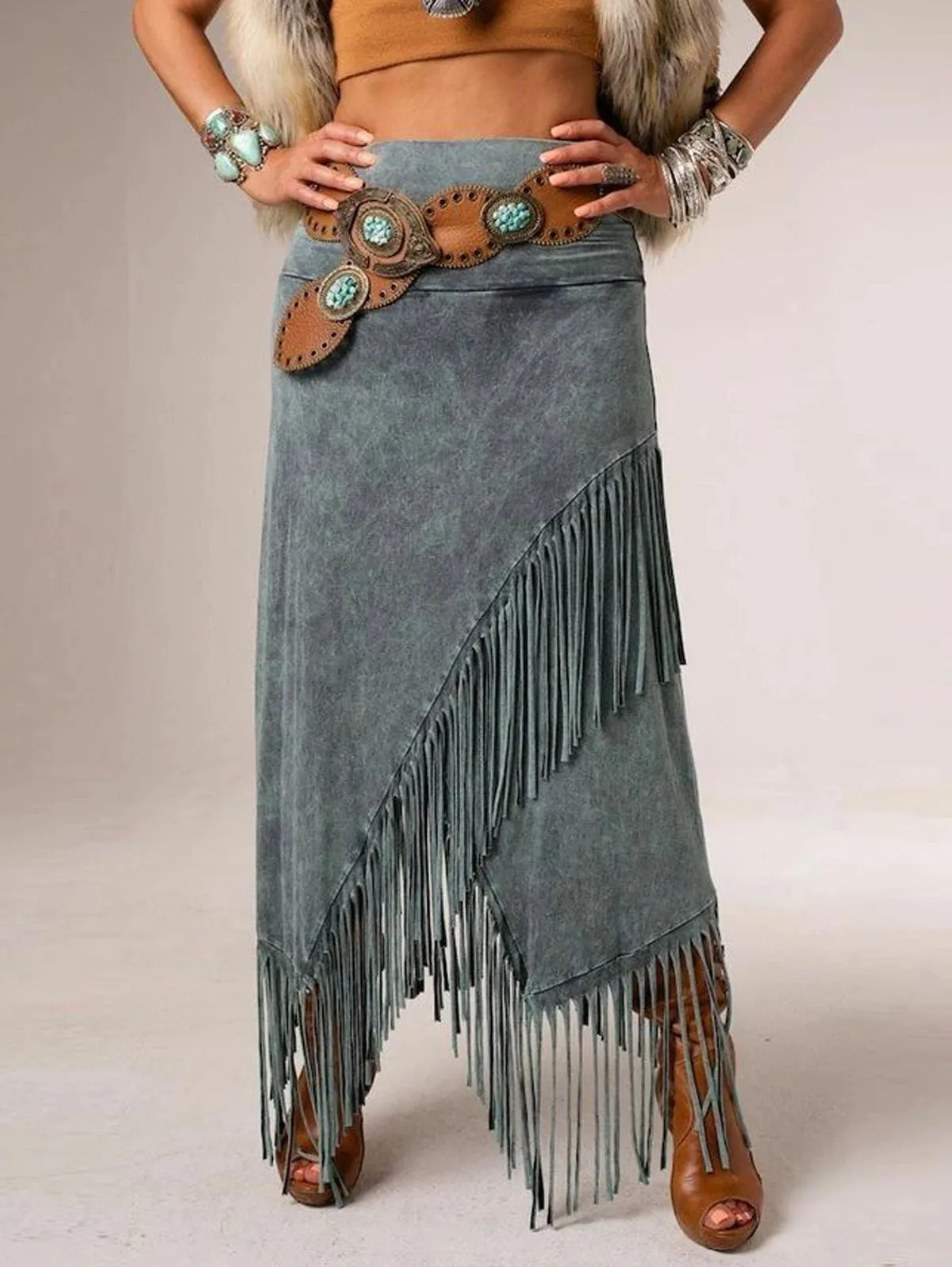 Trendy Long High Waist Tassel Punk Skirt