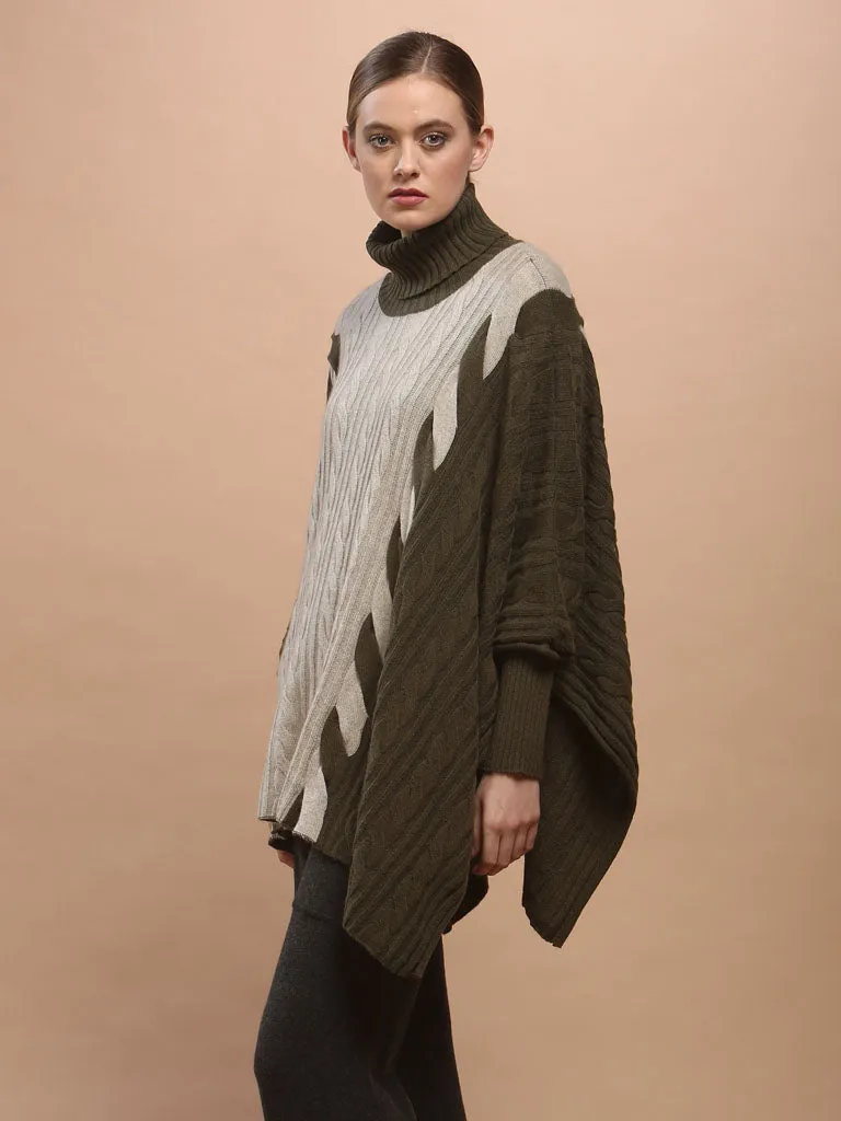 Two-Tone Braided Turtleneck Poncho