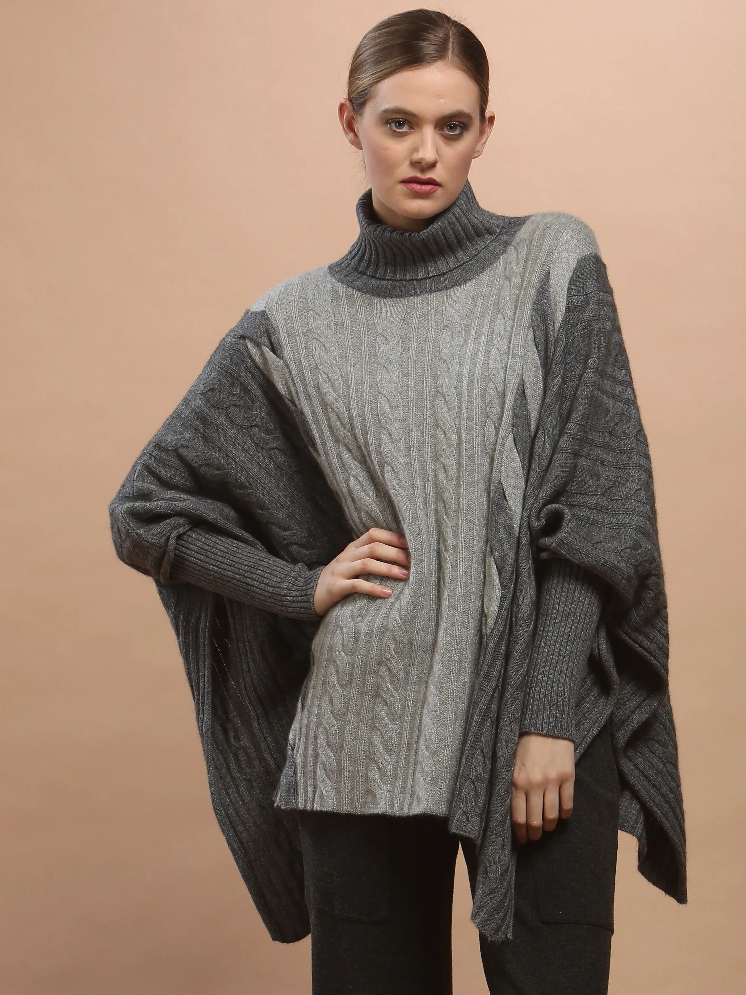 Two-Tone Braided Turtleneck Poncho