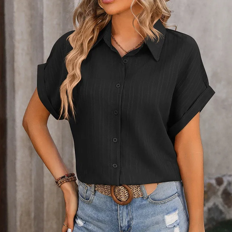 Women Solid Blouse Summer Short Sleeve Turn Down Collar Loose Blouse