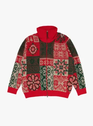 Zip Cardigan Jacquard Patchwork Red